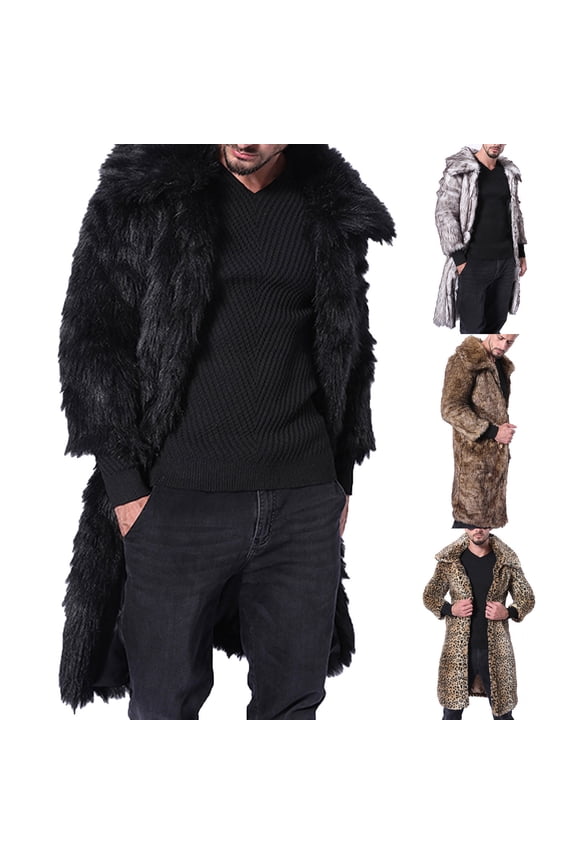 Men's Fluffy Faux Fur Coat Winter Long Jacket Overcoat Parka Outwear Yellow