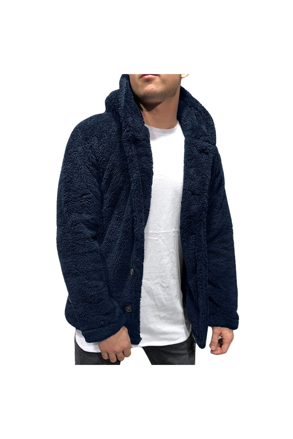 Men's Fluffy Fuzzy Jacket Plush Fleece Casual Winter Warm Fall Zip Up Coat Solid Color Soft Sherpa Hooded Outerwear Navy