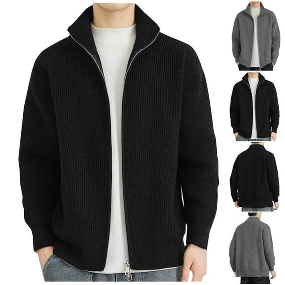 Miluxas Men's Full Zip Cardigan Sweater Slim Fit Cable Knitted Zip Up Sweater with Pockets Gray