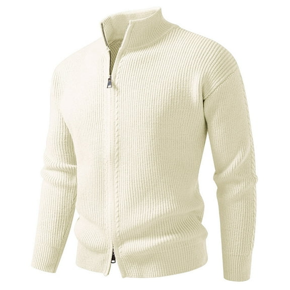 Miluxas Men's Full Zipper Cardigan Casual Stand Collar Cardigan Sweater Ribbed Knit Long Sleeve Sweater Beige