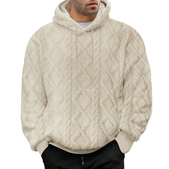 Miluxas Men's Fuzzy Fleece Hoodies Winter Warm Hooded Sweatshirts Solid Color Long Sleeve Drawstring Pullover Tops Beige