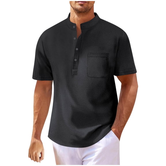 Miluxas Men's Henley Shirts Short Sleeve Casual Button Up Basic Pocket Tee Shirts Black L(L)