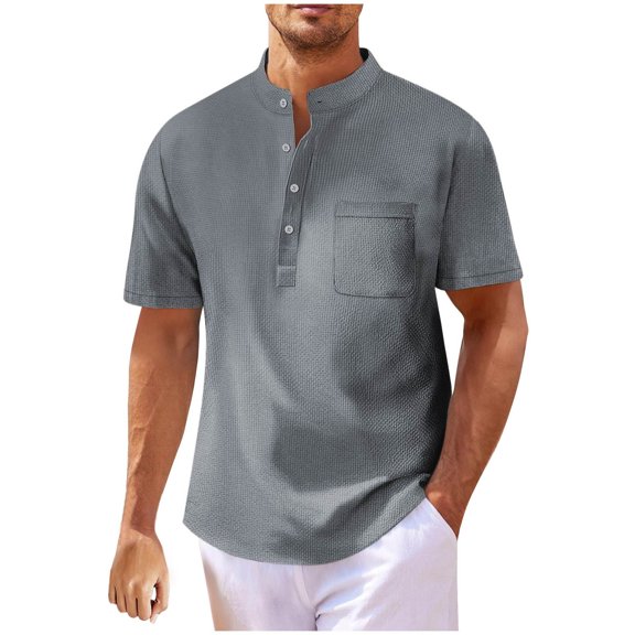 Miluxas Men's Henley Shirts Short Sleeve Casual Button Up Basic Pocket Tee Shirts Dark Gray M(M)