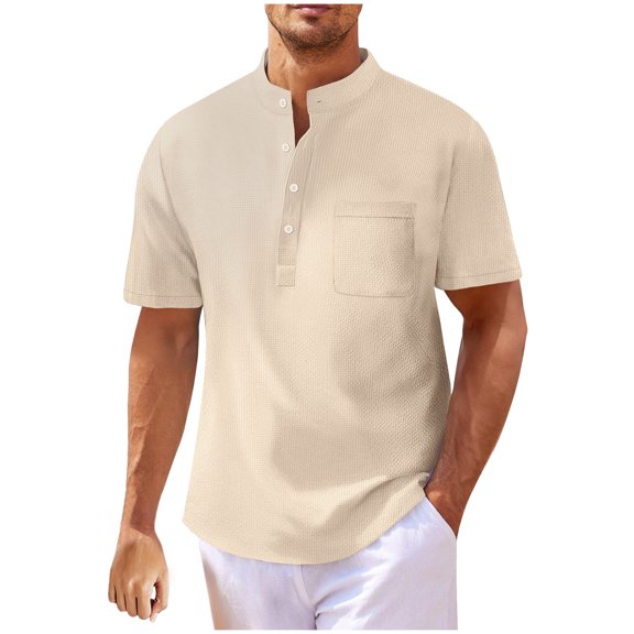 Miluxas Men's Henley Shirts Short Sleeve Casual Button Up Basic Pocket Tee Shirts Khaki M(M)