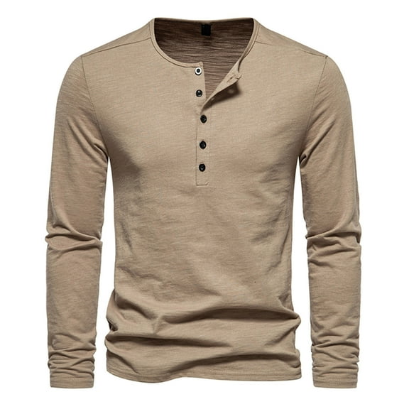 Miluxas Men's Henley Shirts Long Sleeve Cotton Button T-Shirt Lightweight Fashion Casual Pullover Shirt Khaki