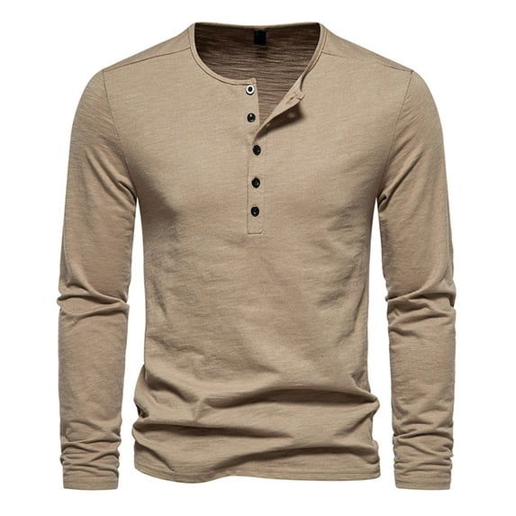 Miluxas Men's Henley Shirts Long Sleeve Cotton Button T-Shirt Lightweight Fashion Casual Pullover Shirt Khaki