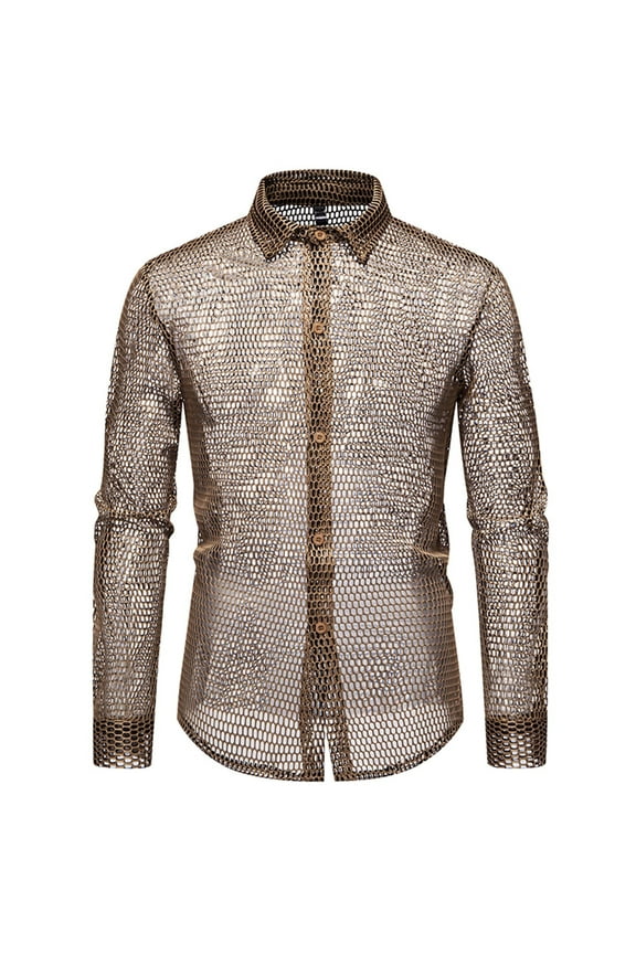 Men's Hollow Out Nightclub Long Sleeve Shirts, Rave Party Button Down Tops Mesh Sheer Trendy Clothes Coffee