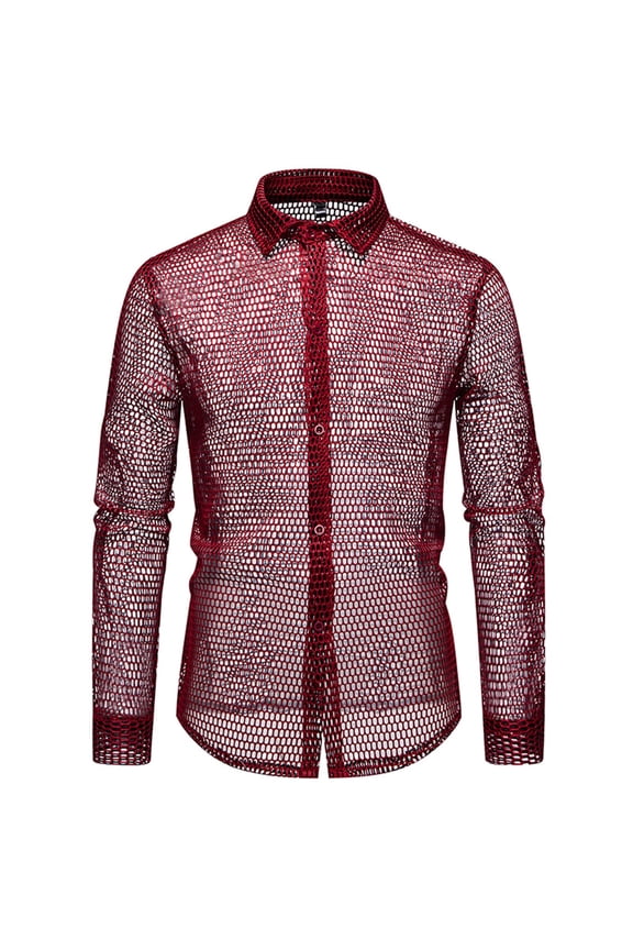 Men's Hollow Out Nightclub Long Sleeve Shirts, Rave Party Button Down Tops Mesh Sheer Trendy Clothes Red