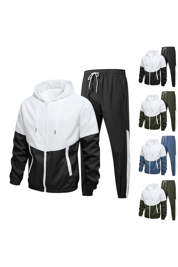 Men's Hooded Athletic Tracksuit Sweatsuit Long Sleeve Full-Zip Jogging Sweatpants 2 Piece Patchwork Sportsuits Blue