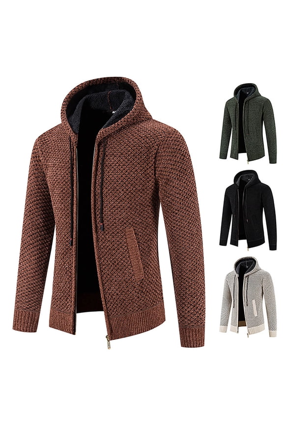 Men's Hooded Cardigan Autumn Winter Plus fleece Warm Luxury Knit Sweaters Coat Casual Jumpers Jacket Brown