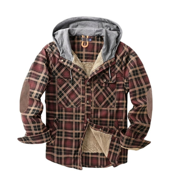 Miluxas Men's Hooded Cotton Shirt Jacket - Soft Brushed Buffalo Plaid, Lightweight Long Sleeve Button Down for Work Fall Layering Coffee