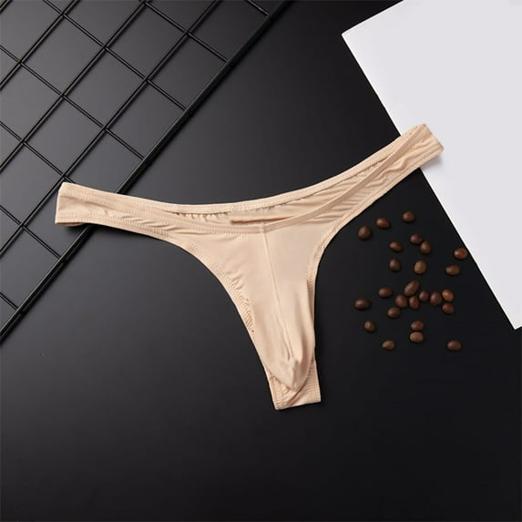 Miluxas Men's Ice Silk Thread Underpants T Pants, Solid Color, Breathable G-string Pants Beige 8(XL)
