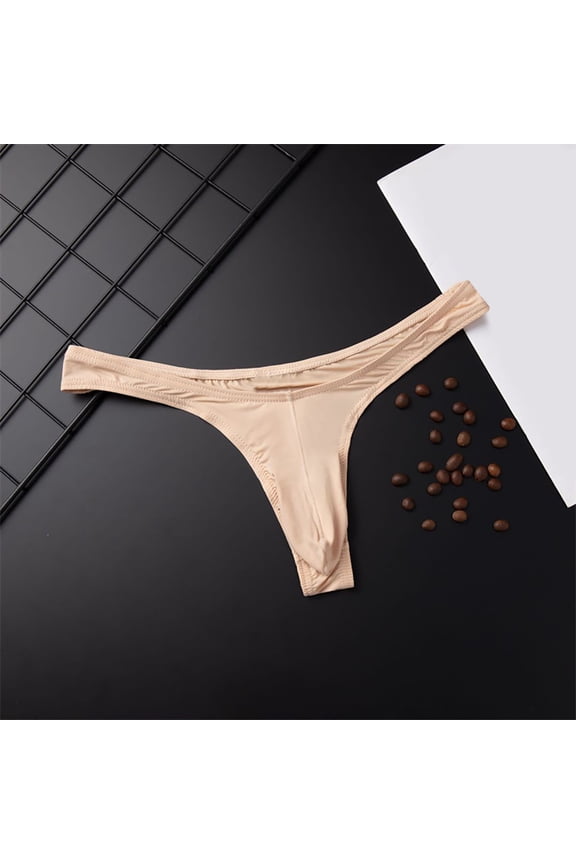 Men's Ice Silk Thread Underpants T Pants, Solid Color, Breathable G-string Pants Beige 6(L)