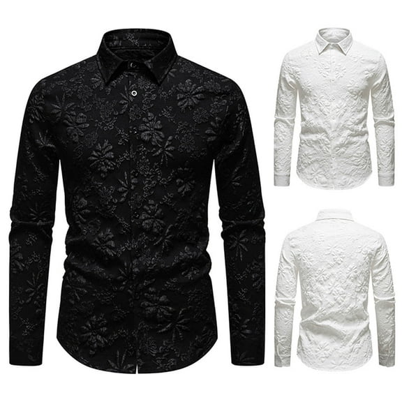 Miluxas Men's Jacquard Button Up Long Sleeve Collared Shirts Casual Work Shirt Tops White