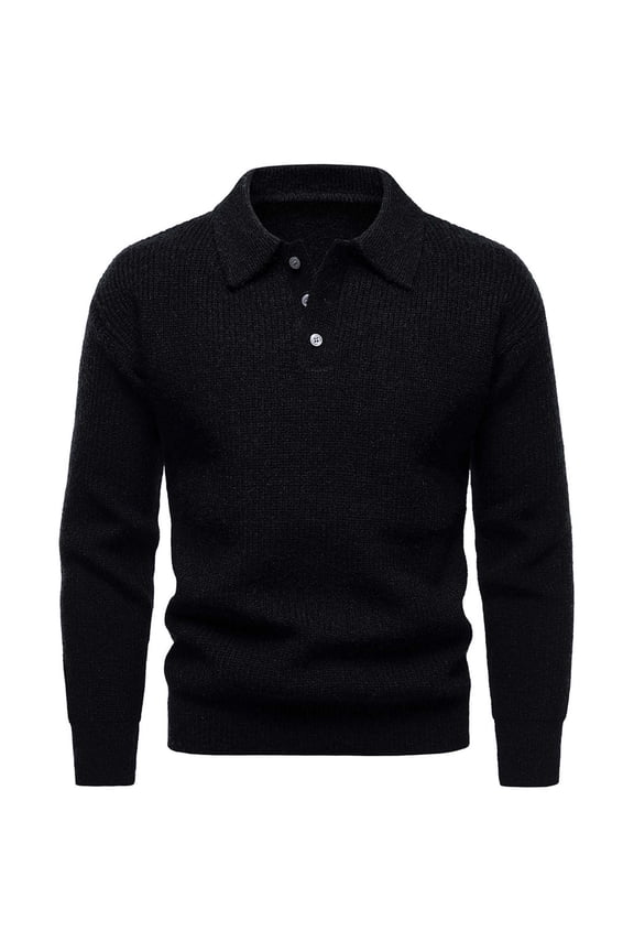 Men's Knit Polo Shirts Casual Long Sleeve Collared Pullover Sweaters Quarter Button Ribbed Vintage Polo Sweater Black