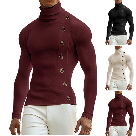 Miluxas Men's Knitted Long Sleeve Shirt Classic Button Turtleneck T-Shirt Casual Slim Fit Top White