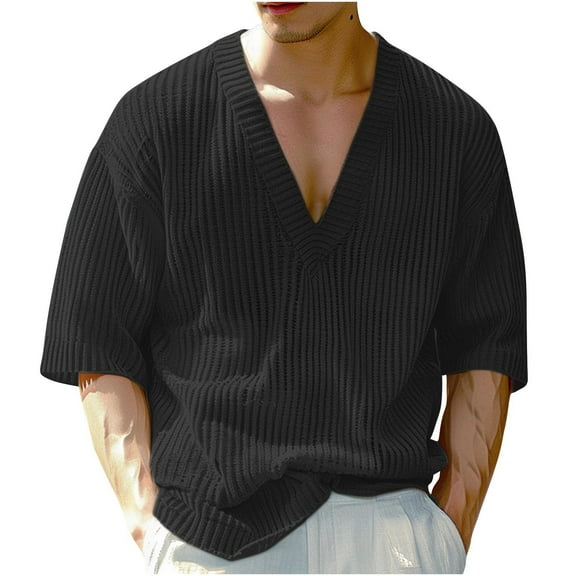 Miluxas Men's Knitted T-Shirts Short Sleeve V-Neck Slim Fit Casual Pullover Tees Black S(S)