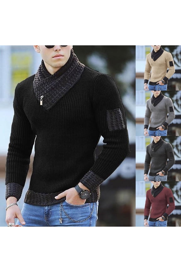 Men's Knitted Turtleneck Pullover Shawl Collar Sweaters Slim Fit High Neck Long Sleeve Winter Jumper Tops Red