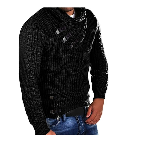 Miluxas Men's Knitted Turtleneck Sweater Long Sleeve Slim Fit Designer Shawl Collar Pullover Black