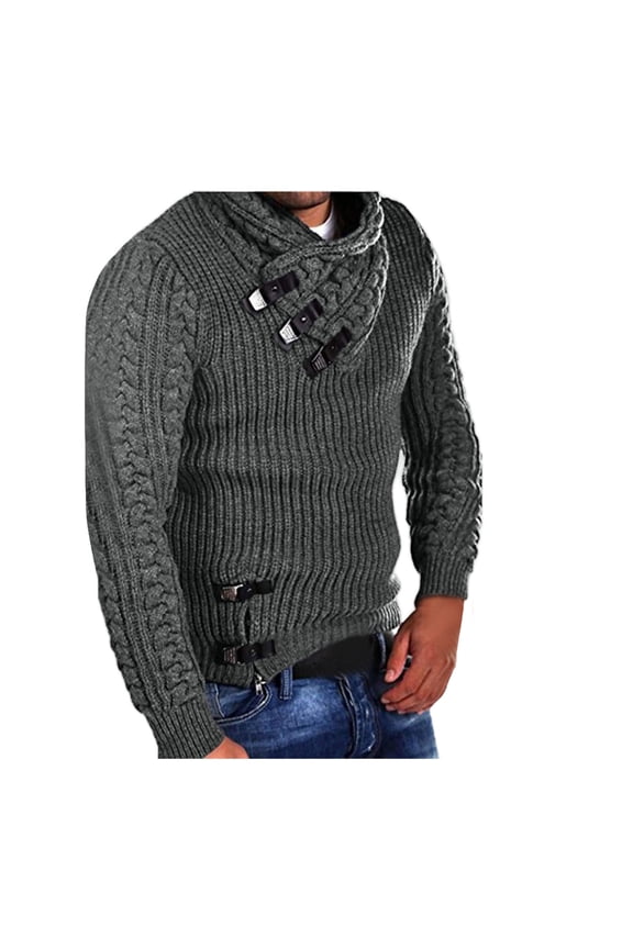 Men's Knitted Turtleneck Sweater Long Sleeve Slim Fit Designer Shawl Collar Pullover Dark Gray