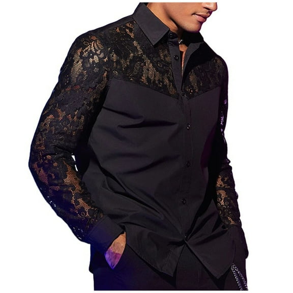 Miluxas Men's Lace See Through Shirts Blouse Long Sleeve Button Down Fishnet Sheer Shirts Black 16-18(XL)
