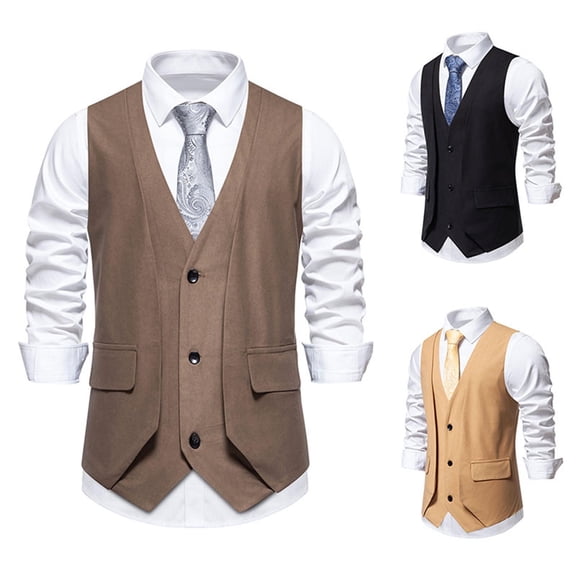 Miluxas Men's Layered Suit Vest Business Dress Vests formal Wedding Waistcoat Slim Fit Khaki