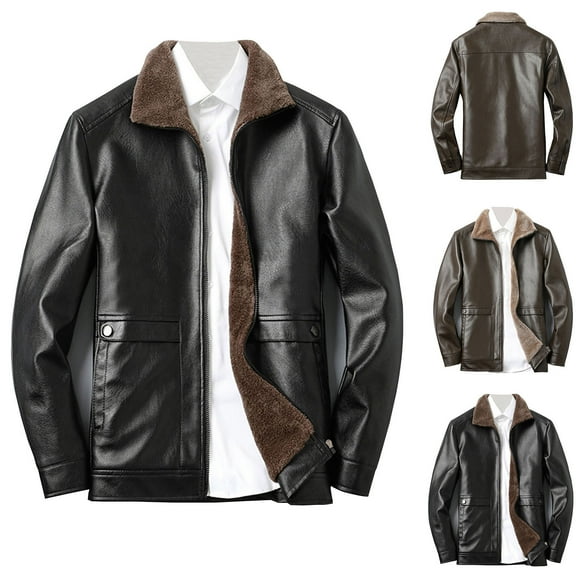Miluxas Men's Leather Jacket Thickened Long Sleeves Coat Faux Fleece Jacket Outerwear for Men Brown XL
