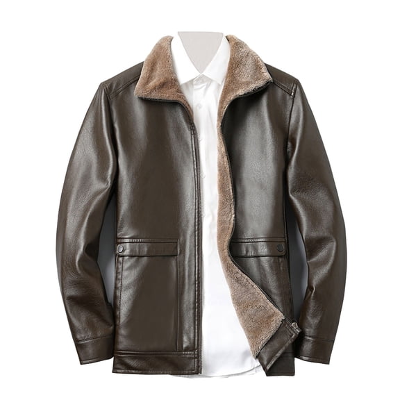 Miluxas Men's Leather Jacket Thickened Long Sleeves Coat Faux Fleece Jacket Outerwear for Men Brown S