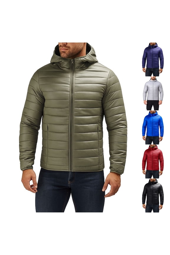Men's Lightweight Puffer Jacket Hooded Warm Winter Coat Quilted Lined Water-Resistant Full Zip Bubble Jackets Red