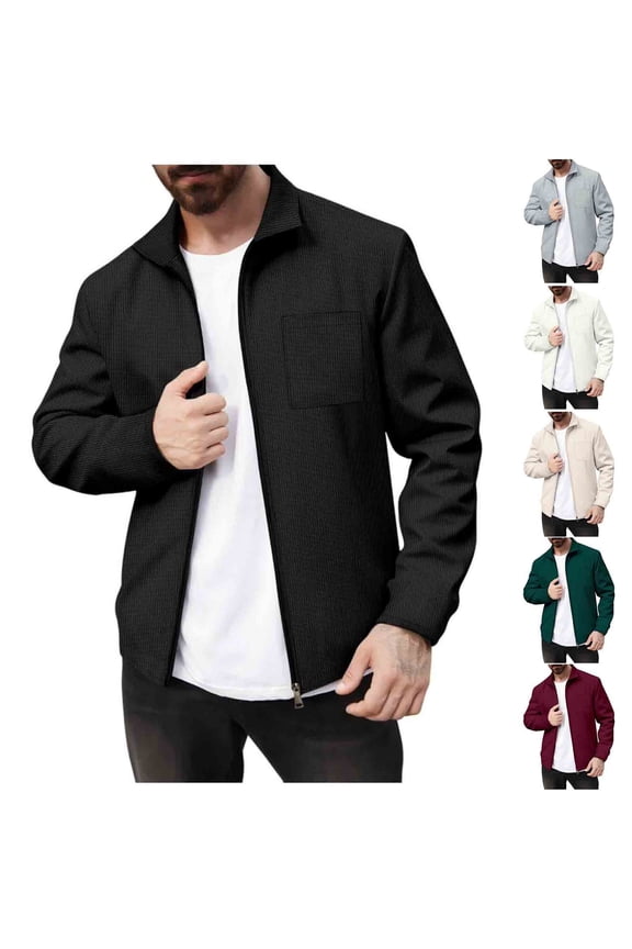 Men's Lightweight Varsity Jacket Casual Bomber Jackets Waffle Zip Up Coat with Pocket White