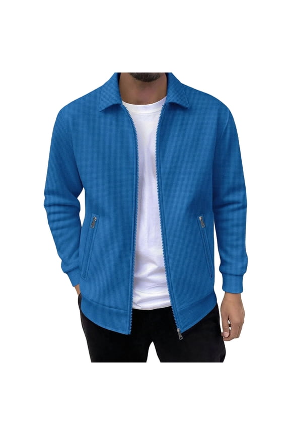 Men's Lightweight Varsity Jacket Casual Bomber Jackets Waffle Zip Up Sweatshirts with Pocket Blue