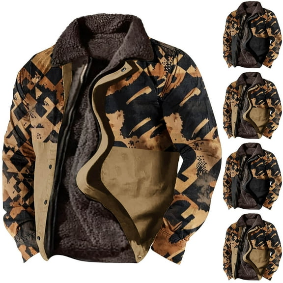 Miluxas Men's Lined Lapel Zipper Jacket Autumn/Winter Vintage Washed Checkered Print Graphic Coat with Pockets Khaki