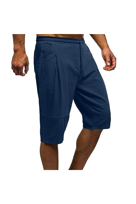 Men's Linen Bermuda Shorts - Casual Lightweight Elastic Waisted Beach Shorts Navy 10(XL)