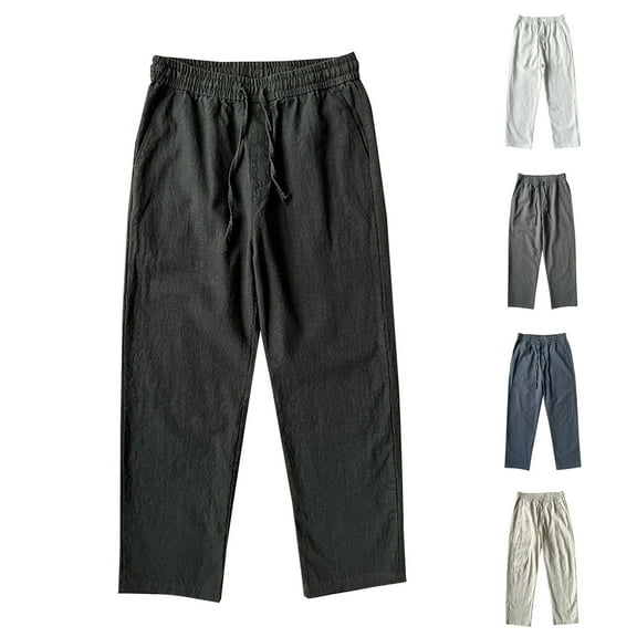 Miluxas Men's Linen Pants Beach Casual Cotton Summer Lightweight Elastic Waist Drawstring with Deep Pockets White