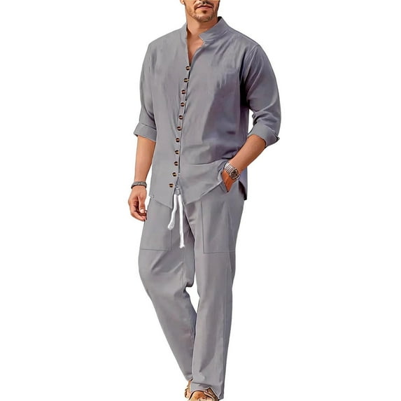 Miluxas Men's Linen Sets 2 Pieces Casual Button Down Cotton Linen Shirt and Long Pants Set Beach Outfits Gray L(L)