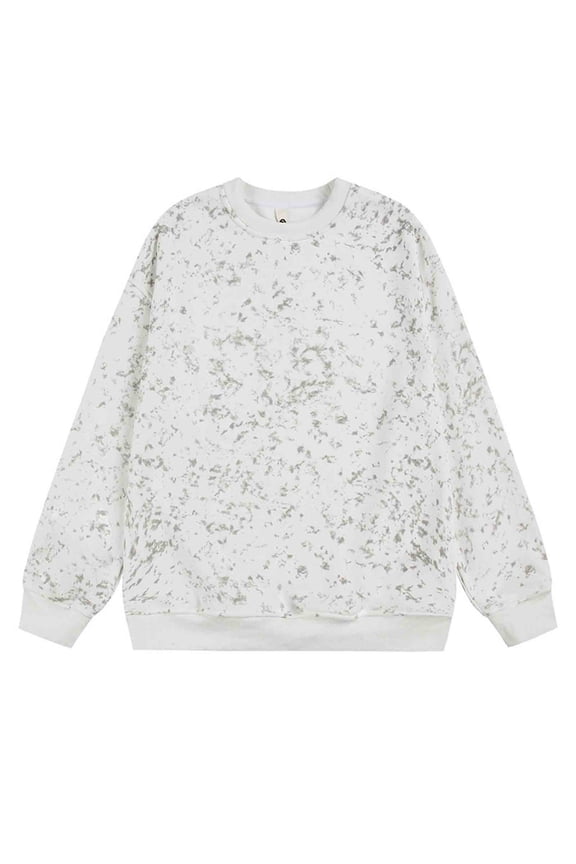 Men's Long Sleeve Cotton Shirts Tie Dye Letter Tshirt Crew Neck Casual Tee Tops White