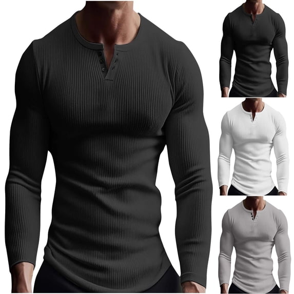 Miluxas Men's Long Sleeve Henley Shirts Stretch Ribbed T-Shirts Fashion Casual Basic Tops White