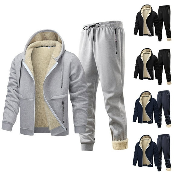 Miluxas Men's Long Sleeve Hooded Active Athletic Sweatsuit Thick Sherpa Fleece Lined Tracksuit Navy XS(XS)
