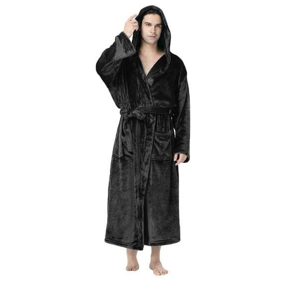 Miluxas Men's Long Sleeve Robe House Bathrobe Full Length Fluffy Pocket Winter Bath Hot Tub Black 8(L)