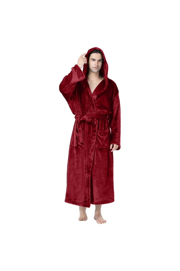 Men's Long Sleeve Robe House Bathrobe Full Length Fluffy Pocket Winter Bath Hot Tub Wine 4(S)
