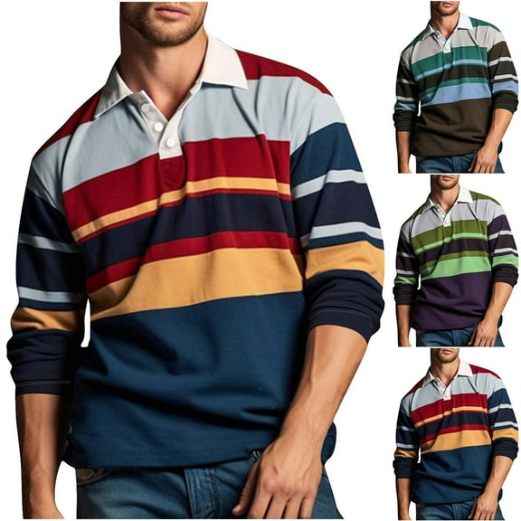 Miluxas Men’s Long Sleeve Shirts Fashion Color Block Striped Polo Shirt Purple