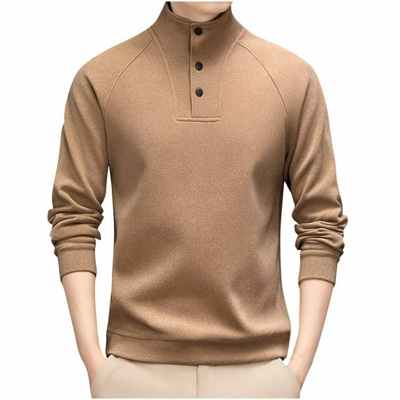 Miluxas Men's Long Sleeve Slim Fit Mandarin Polo Shirts Waffle Button Fashion Casual Tops T-Shirt Khaki