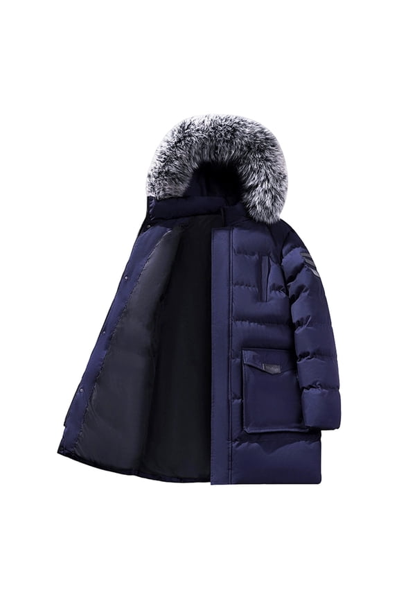 Men's Long Winter Hooded Jacket Warm Windproof Puffy Coat Padded Thicken Parka Jackets Blue