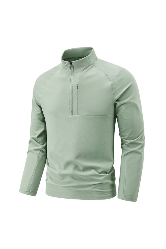 Men's LongSleeve Polo Shirts Quarter-Zip Casual Slim Fit Mock Neck Basic Designed Cotton Shirts Green