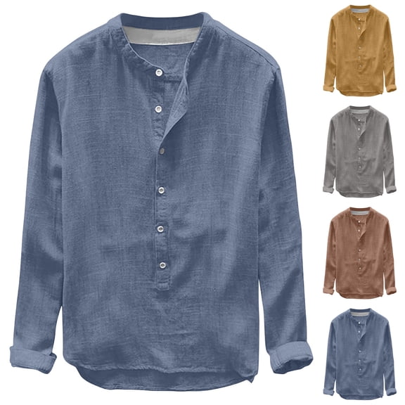 Miluxas Men's Loose Fit Cotton Blend V-Neck Long Sleeve Henley Shirts Summer Casual Button Up Baggy Stand Collar Top Yellow