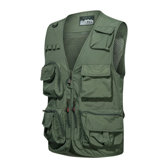 Miluxas Men's Mesh Fishing Vests Photography Work Multi-Pockets Utility Waistcoat Outdoors Journalist's Sleeveless Jacket Army Green