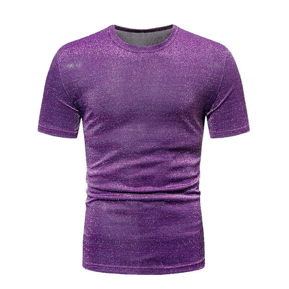 Miluxas Men's Metallic Top Short Sleeve Round Neck Tee Shirts Disco Sequin Tops Party Club Night Purple 10(XL)