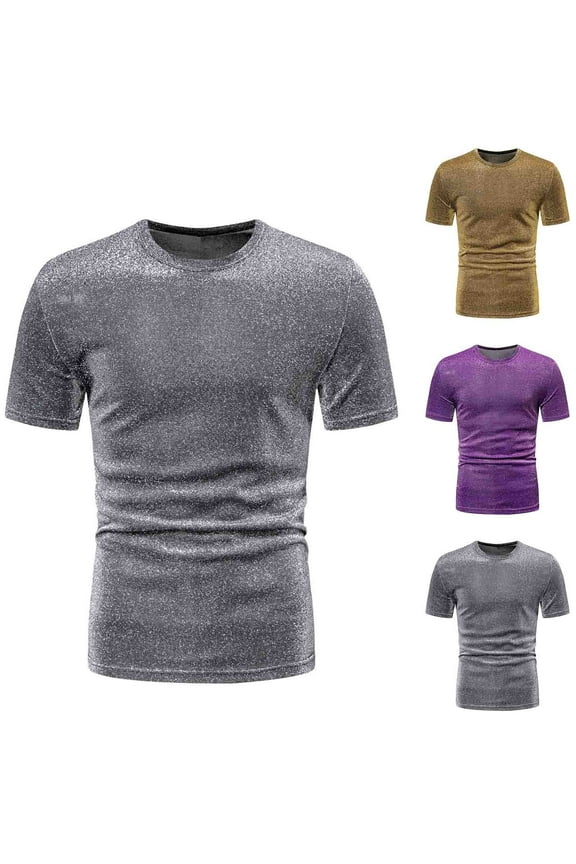 Men's Metallic Top Short Sleeve Round Neck Tee Shirts Disco Sequin Tops Party Club Night Silver 10(XL)
