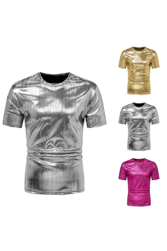 Men's Metallic Top Short Sleeve Round Neck Tee Shirts Disco Sequin Tops Party Club Night Silver 10(XL)