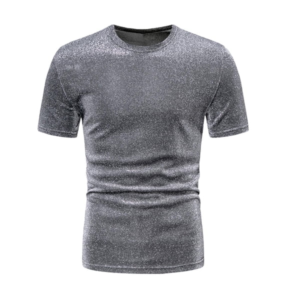 Miluxas Men's Metallic Top Short Sleeve Round Neck Tee Shirts Disco Sequin Tops Party Club Night Silver 4(S)